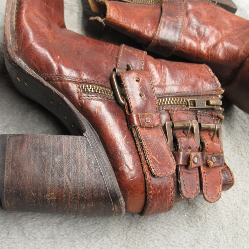 Freebird Bolo Women Boots 7 Brown Leather Dual Buckle Ankle Zip Heel Platform - Picture 4 of 15